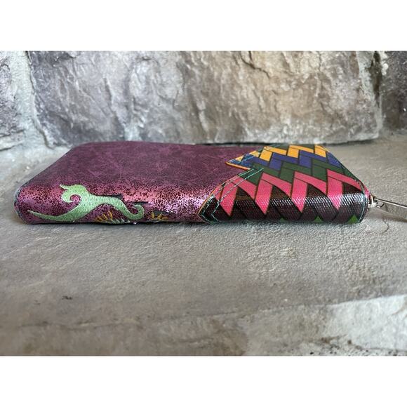 Catchfly Metallic Pink Embroidered Peacock Wallet Multicolor Floral Blue Yellow - Picture 4 of 13